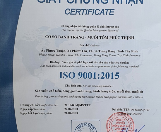 GIẤY CHỨNG NHẬN ĐẠT CHẤT LƯỢNG ISO 9001